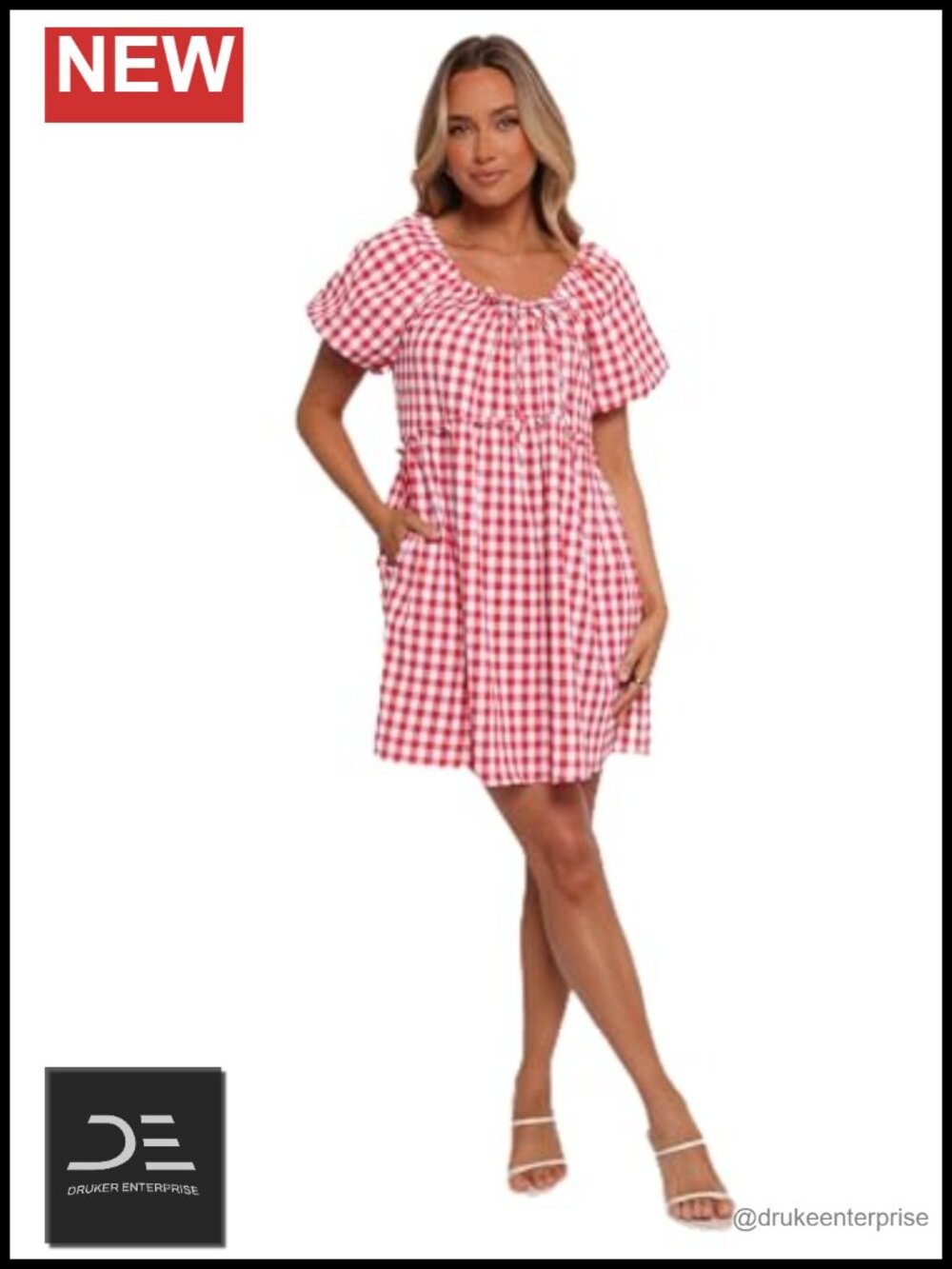 Smock Mini Dress with Pockets Short Puff Sleeve Checkered